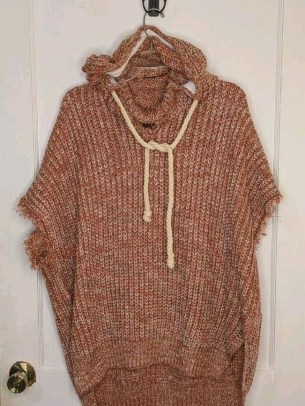 Sz Medium Easel Cable Knit Short Sleeve Sweater w/Hood Summer Fringe
